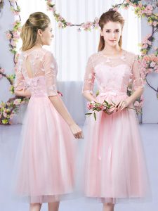 Baby Pink Empire Scoop Half Sleeves Tulle Tea Length Lace Up Lace and Belt Quinceanera Dama Dress