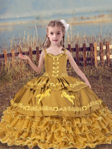 Custom Designed Gold Organza Lace Up Little Girls Pageant Gowns Sleeveless Floor Length Beading and Embroidery and Ruffled Layers
