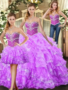 Modest Three Pieces 15 Quinceanera Dress Lilac Sweetheart Organza Sleeveless Floor Length Lace Up