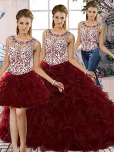 Scoop Sleeveless Lace Up Quinceanera Gowns Burgundy Organza