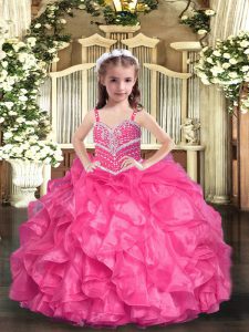 Floor Length Hot Pink Child Pageant Dress Straps Sleeveless Lace Up