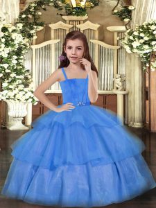 Blue Lace Up Straps Ruffled Layers Kids Pageant Dress Tulle Sleeveless