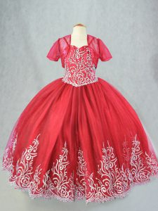 Beading and Embroidery Pageant Gowns For Girls Red Lace Up Sleeveless Floor Length