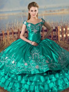 Top Selling Turquoise Ball Gowns Satin Off The Shoulder Sleeveless Embroidery and Ruffled Layers Floor Length Lace Up Sweet 16 Dresses