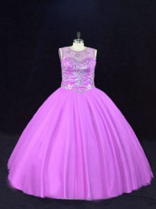 Lilac Tulle Lace Up Scoop Sleeveless Floor Length Ball Gown Prom Dress Beading