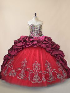 Charming Fuchsia Ball Gowns Sweetheart Sleeveless Taffeta and Tulle Brush Train Lace Up Beading and Pick Ups Quinceanera Dress