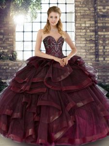 Burgundy Sleeveless Beading and Ruffles Floor Length Quinceanera Gowns