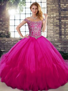 Hot Selling Floor Length Fuchsia Quinceanera Gown Tulle Sleeveless Beading and Ruffles