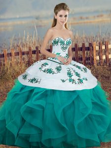 Turquoise Ball Gowns Sweetheart Sleeveless Tulle Floor Length Lace Up Embroidery and Ruffles and Bowknot Quinceanera Gowns