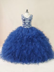 Edgy Navy Blue Ball Gowns Tulle V-neck Sleeveless Embroidery and Ruffles Floor Length Backless Quinceanera Dresses