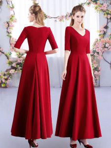 Modest Wine Red V-neck Zipper Ruching Court Dresses for Sweet 16 Half Sleeves