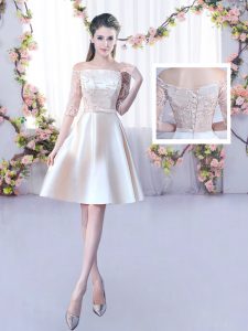 Best Champagne A-line Satin Off The Shoulder Half Sleeves Lace and Belt Mini Length Lace Up Court Dresses for Sweet 16
