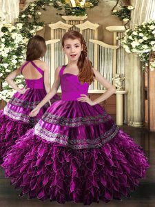 Latest Purple Lace Up Little Girls Pageant Gowns Appliques and Ruffles Sleeveless Floor Length