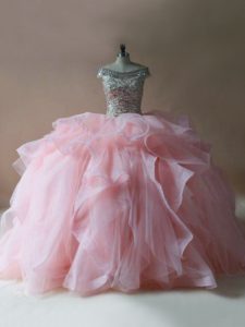 Designer Pink Sleeveless Brush Train Beading and Ruffles Quinceanera Gown