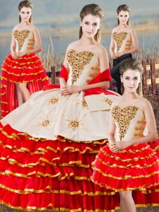 Sleeveless Organza Floor Length Lace Up Sweet 16 Dresses in White And Red with Beading and Ruffled Layers