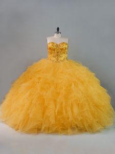 Gold Lace Up Quinceanera Dresses Beading and Ruffles Sleeveless Floor Length