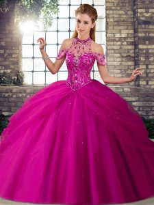 Romantic Brush Train Ball Gowns Vestidos de Quinceanera Fuchsia Halter Top Tulle Sleeveless Lace Up