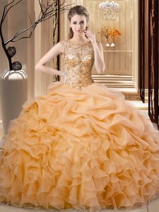 Elegant Orange Sleeveless Beading and Ruffles Floor Length Sweet 16 Dresses