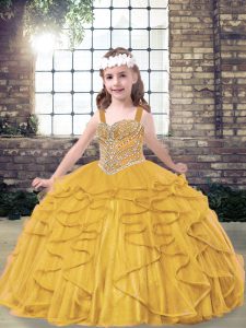 Ball Gowns Little Girl Pageant Dress Gold Straps Tulle Sleeveless Floor Length Lace Up