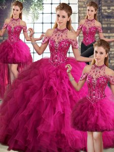 Fuchsia Halter Top Lace Up Beading and Ruffles Quinceanera Gown Sleeveless