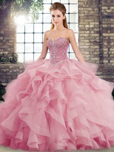 Pink Ball Gowns Beading and Ruffles 15th Birthday Dress Lace Up Tulle Sleeveless