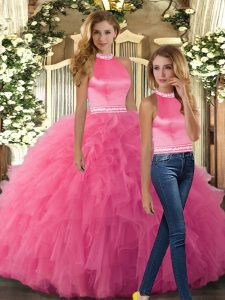 New Arrival Hot Pink Tulle Backless Halter Top Sleeveless Floor Length 15th Birthday Dress Beading and Ruffles