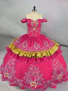 Floor Length Hot Pink Quinceanera Gowns Off The Shoulder Sleeveless Lace Up