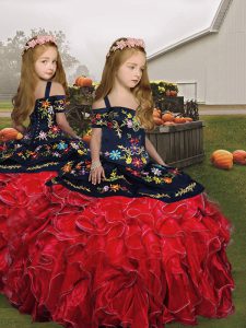 Red Straps Neckline Embroidery and Ruffles Little Girls Pageant Dress Wholesale Sleeveless Lace Up