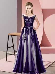 Unique Sleeveless Floor Length Beading and Lace Zipper Damas Dress with Purple