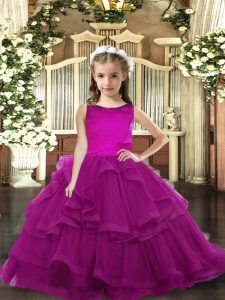 Dazzling Purple Tulle Lace Up Scoop Sleeveless Floor Length Little Girls Pageant Dress Ruffled Layers
