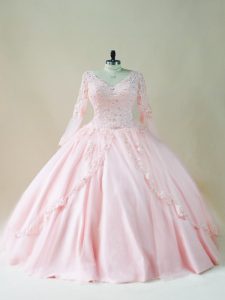 Attractive Floor Length Lace Up Sweet 16 Quinceanera Dress Baby Pink for Sweet 16 and Quinceanera with Beading and Appliques