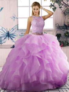 Deluxe Floor Length Lilac Sweet 16 Quinceanera Dress Scoop Sleeveless Lace Up