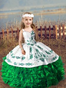 Green Organza Lace Up Little Girls Pageant Dress Wholesale Sleeveless Floor Length Embroidery and Ruffles