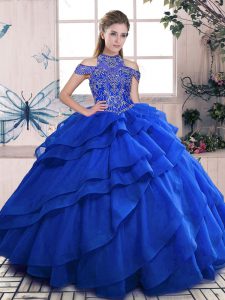 Organza High-neck Sleeveless Lace Up Beading and Ruffled Layers Sweet 16 Quinceanera Dress in Royal Blue