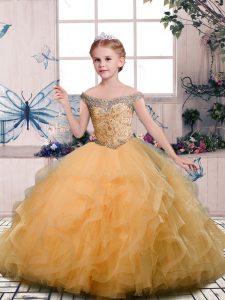 Beauteous Tulle Off The Shoulder Sleeveless Lace Up Beading and Ruffles Little Girl Pageant Dress in Gold