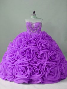 Lavender Fabric With Rolling Flowers Lace Up Sweetheart Sleeveless Quinceanera Gowns Brush Train Beading