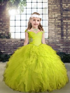 Yellow Green Lace Up Straps Beading and Ruffles Kids Pageant Dress Tulle Sleeveless
