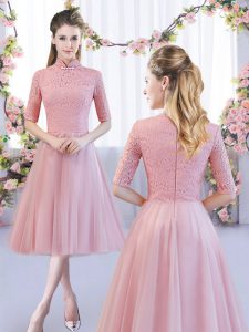 Flare Pink A-line High-neck Half Sleeves Tulle Tea Length Zipper Lace Vestidos de Damas