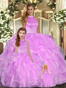 Romantic Lilac Backless Vestidos de Quinceanera Beading and Ruffles Sleeveless Floor Length