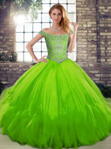 Sleeveless Floor Length Beading and Ruffles Lace Up Sweet 16 Dress with