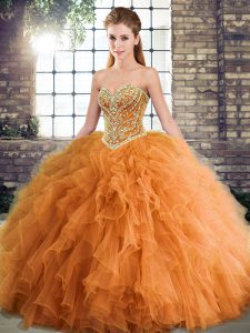 Sleeveless Tulle Floor Length Lace Up Quinceanera Dress in Orange with Beading and Ruffles
