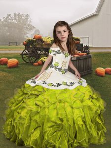 Olive Green Lace Up Straps Embroidery and Ruffles Little Girls Pageant Dress Organza Sleeveless