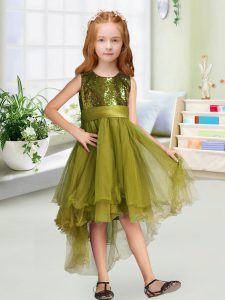 Exquisite Olive Green Sleeveless Sequins and Bowknot High Low Kids Pageant Dress
