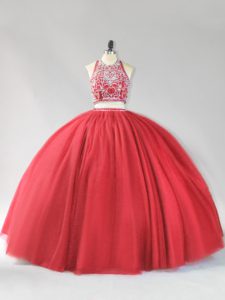 Fantastic Halter Top Sleeveless Tulle Sweet 16 Quinceanera Dress Beading Backless
