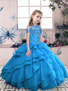 Aqua Blue High-neck Lace Up Beading and Ruffles Little Girls Pageant Dress Sleeveless
