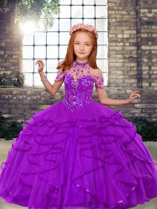 Attractive Beading and Ruffles Little Girl Pageant Gowns Purple Lace Up Sleeveless Floor Length