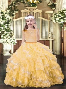 Gold Ball Gowns Scoop Sleeveless Organza Floor Length Zipper Beading and Ruffled Layers Child Pageant Dress