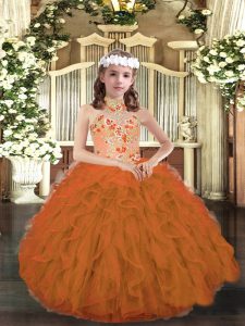 Trendy Orange Ball Gowns Appliques and Ruffles Little Girls Pageant Dress Wholesale Lace Up Tulle Sleeveless Floor Length
