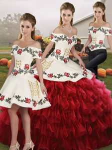 Custom Made Sleeveless Organza Floor Length Lace Up Quinceanera Gown in Wine Red with Embroidery and Ruffled Layers