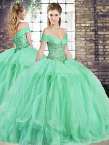 Fine Apple Green Vestidos de Quinceanera Military Ball and Sweet 16 and Quinceanera with Beading and Ruffles Off The Shoulder Sleeveless Lace Up